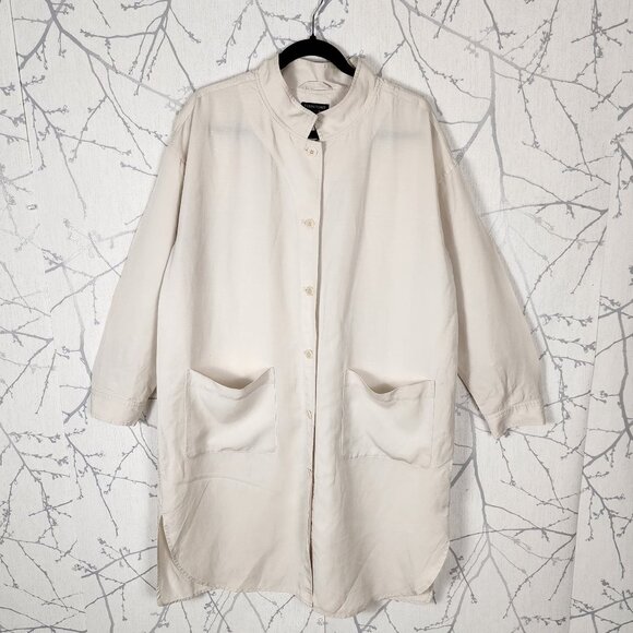 Eileen Fisher Ivory Tencel Linen Mandarin Collar Boyfriend Shirt Dress - Picture 1 of 6